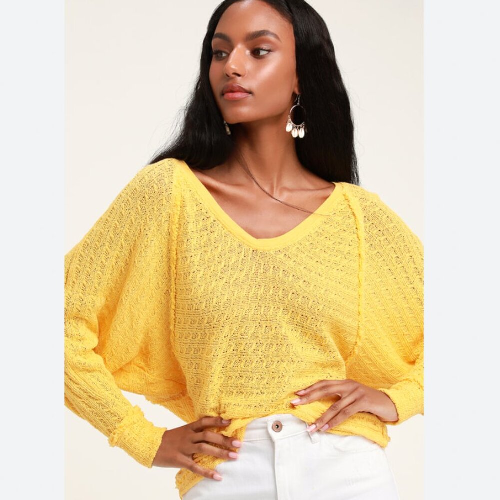 We The Free Yellow Beachy Boho Thien's Hacci Yellow Long Sleeve Sweater Top Sz M